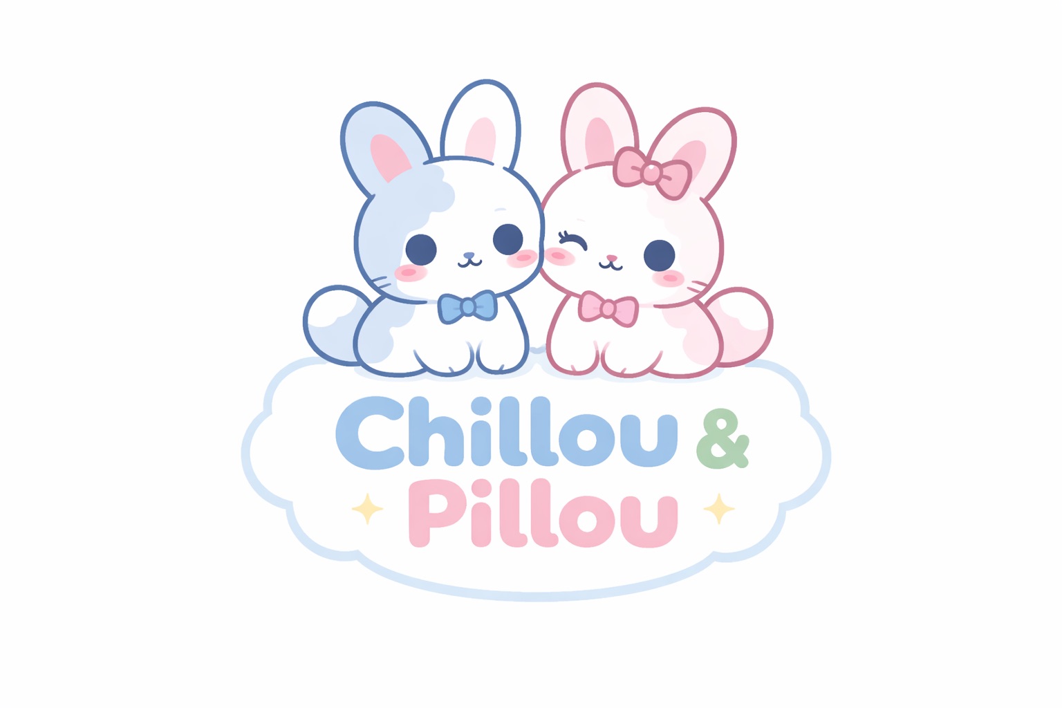 Chillou le lapin bleu et Pillou le lapin rose assis sur un nuage